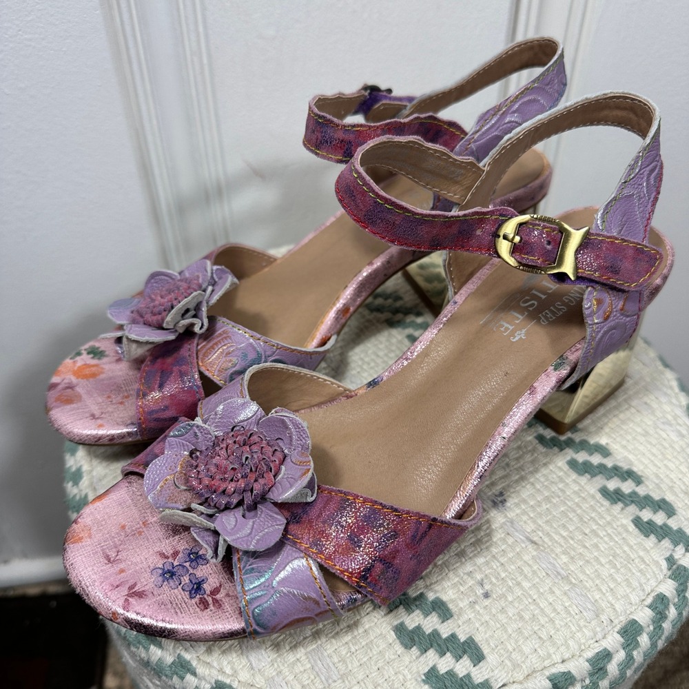 L'Artiste by Spring Step Floral Leather Sandals 39 Pink Purple Metallic Heels